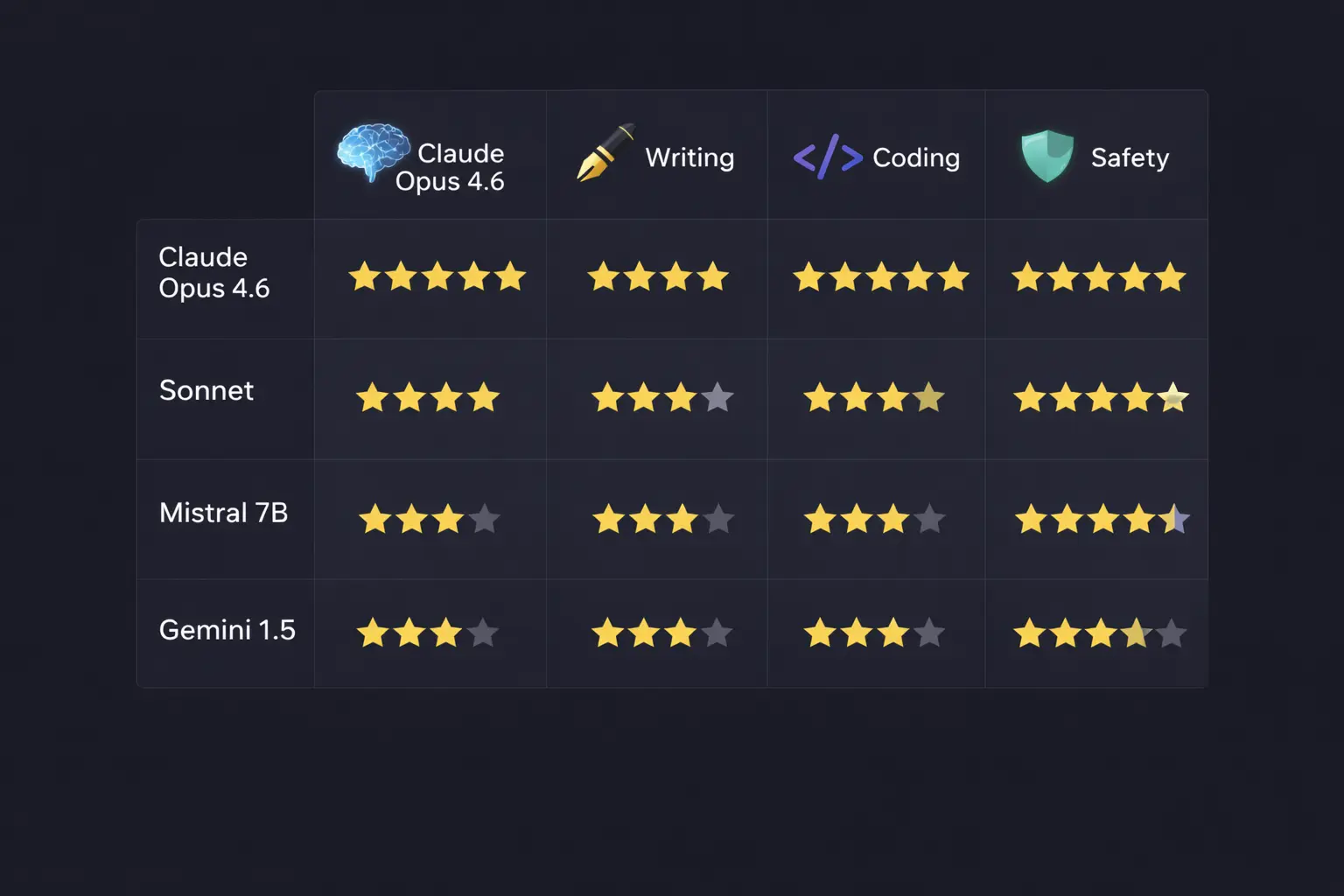 Comparison table of Claude Opus 4.6 and other AI models across reasoning, writing, and coding performance.