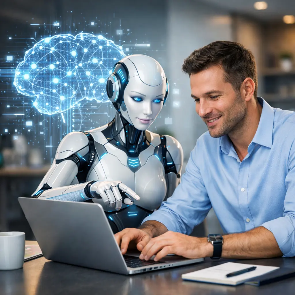 Claude Opus 4.6 AI assistant collaborating with a professional in a modern workspace.