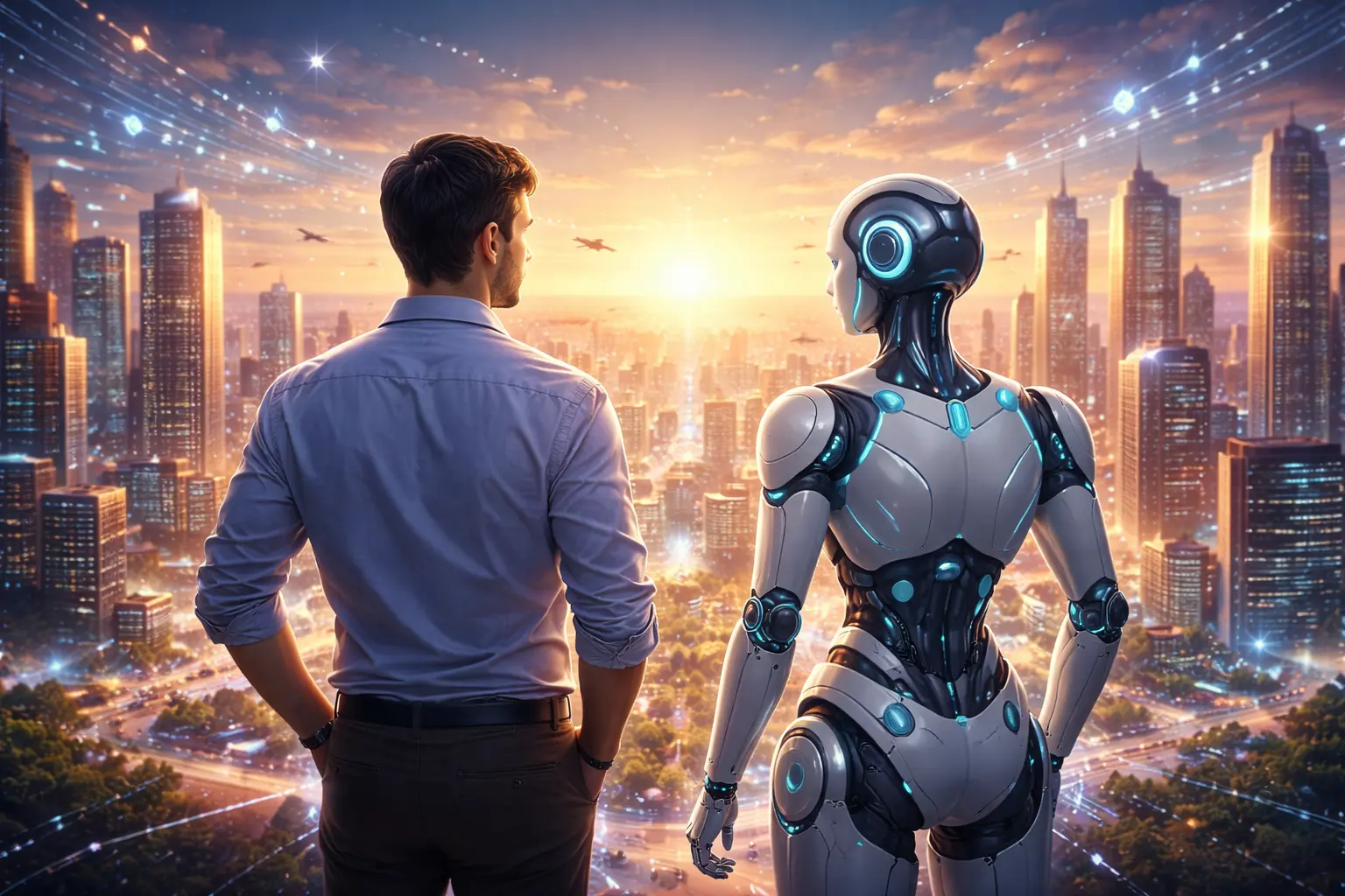 Human and AI partnership symbolizing the future of intelligent collaboration.